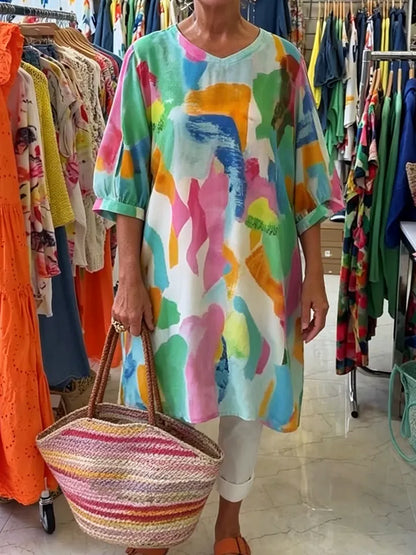 Camisa Longa em Algodão e Linho com Estampado Artístico em Aquarela e Decote em V