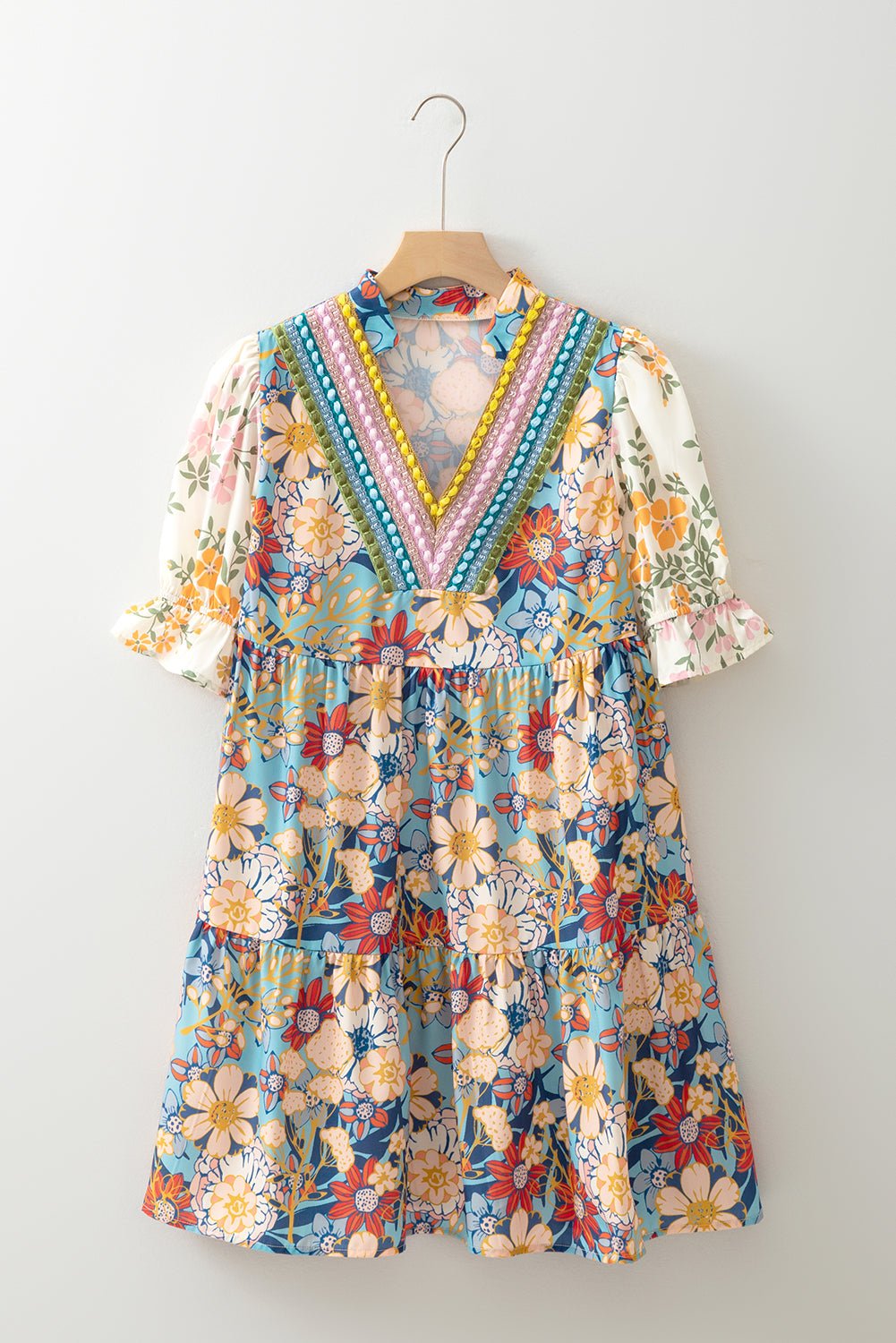 Multicolour Boho Floral Print Crochet Patchwork V Neck Loose Mini Dress