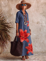 Vestido Polo Casual em Algodão com Estampado de Lírios