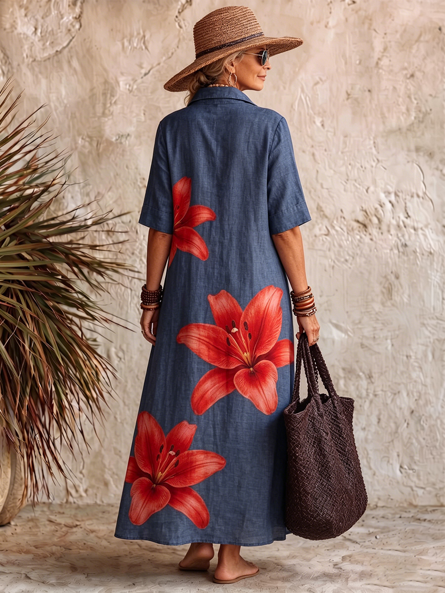 Vestido Polo Casual em Algodão com Estampado de Lírios
