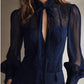 Elegante blusa retro em chiffon com renda e gola alta 2026